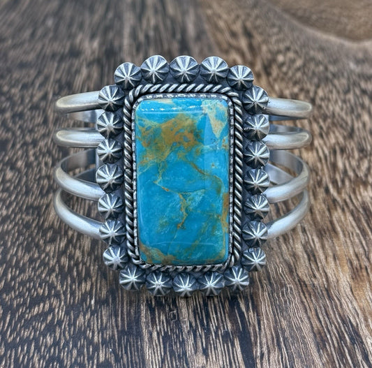 Native Navajo Handmade Sterling Silver Royston Turquoise Old Look Cuff Bracelet