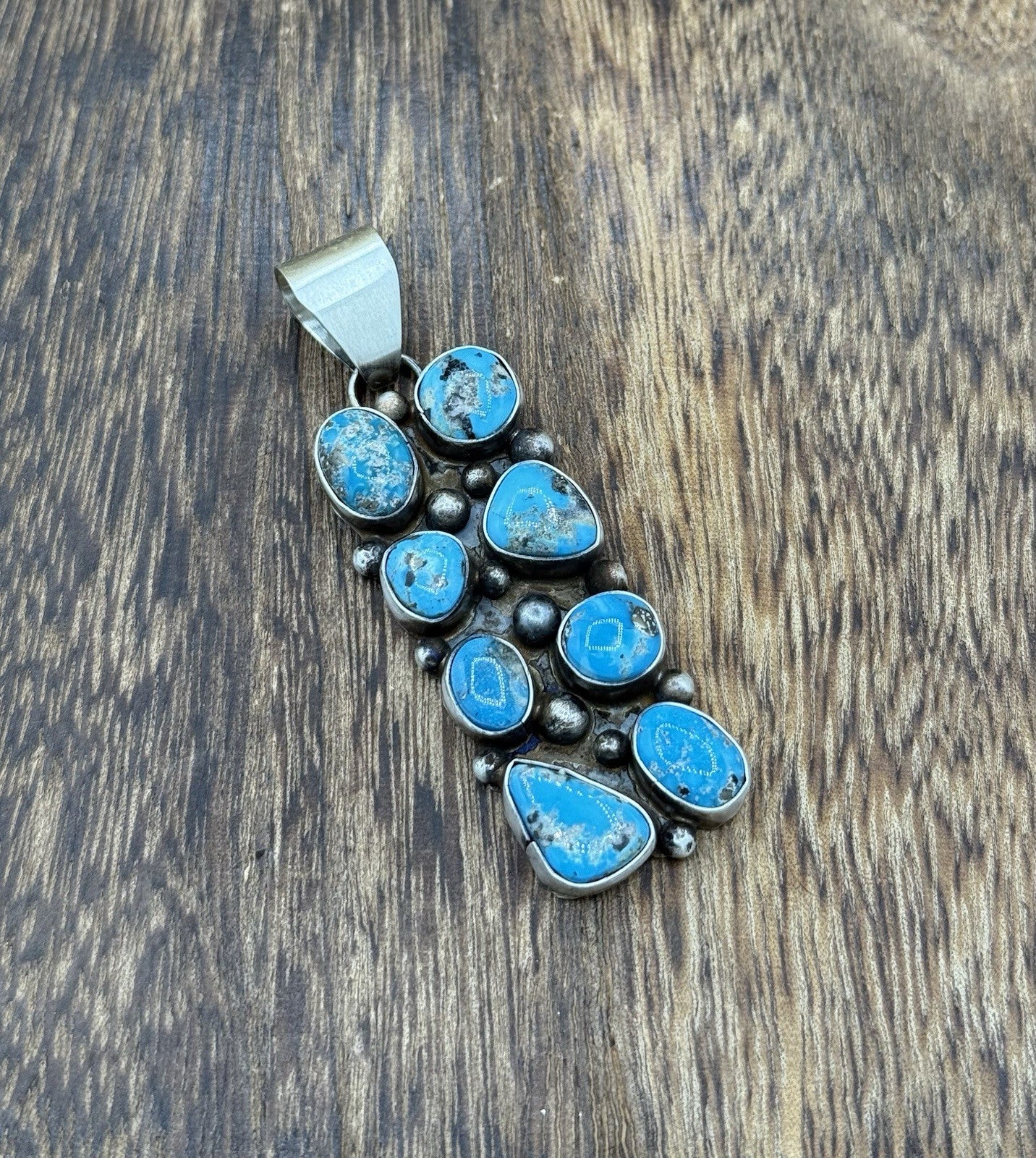 Native Navajo Handmade Sterling Silver Blue Ridge Turquoise Cluster Drop Pendant