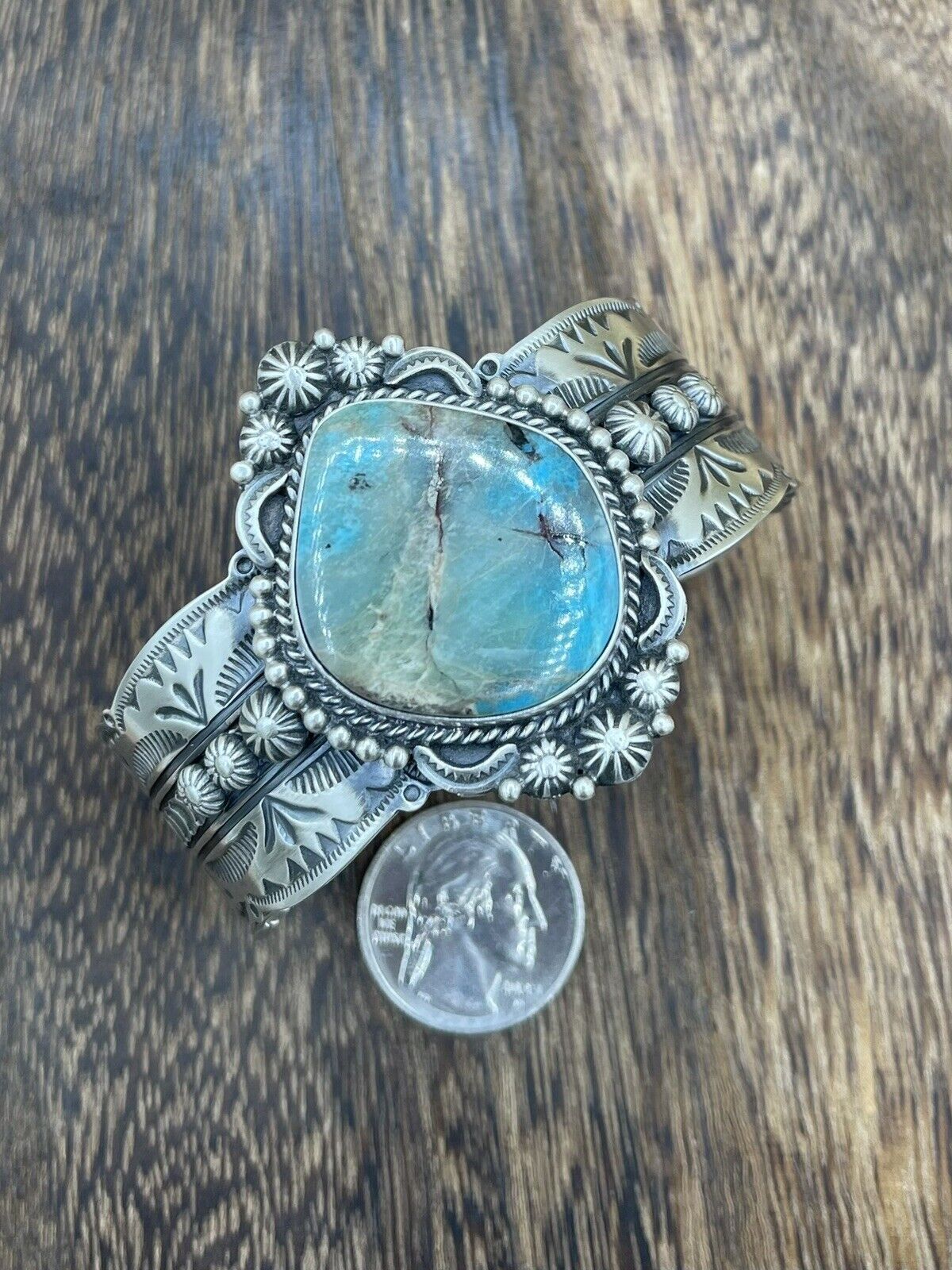 Native American Navajo Handmade Silver Smokey MT. Turquoise Cuff Bracelet Bennie