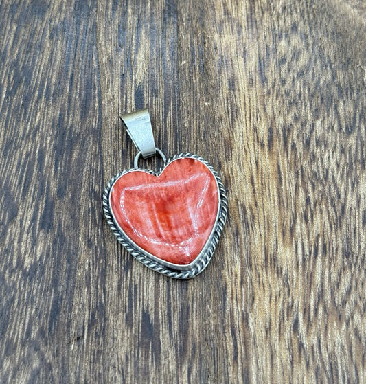 Navajo Handmade Sterling Silver Red Spiny Oyster Shell Heart Shaped Pendant