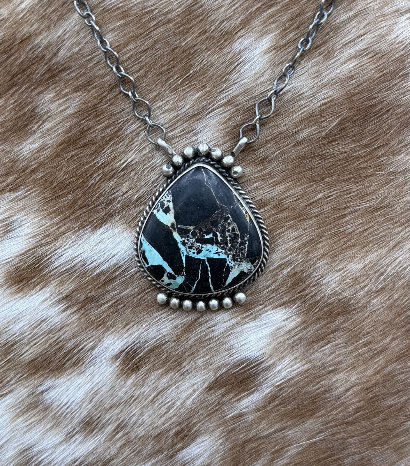 Native Navajo Handmade Sterling Silver Blackjack Turquoise Bar Necklace 18”