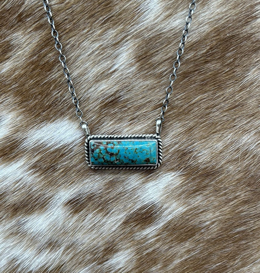 Navajo Handmade Sterling Silver Kingman Turquoise Bar Necklace 16”