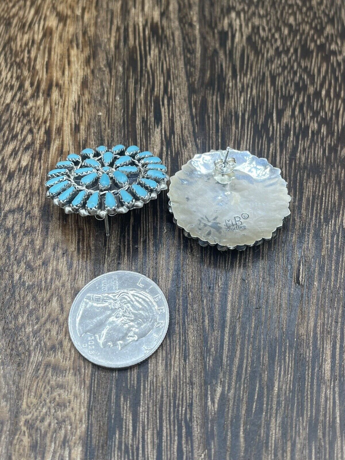 Native American Navajo Handmade Sterling Silver Turquoise Cluster Post earrings