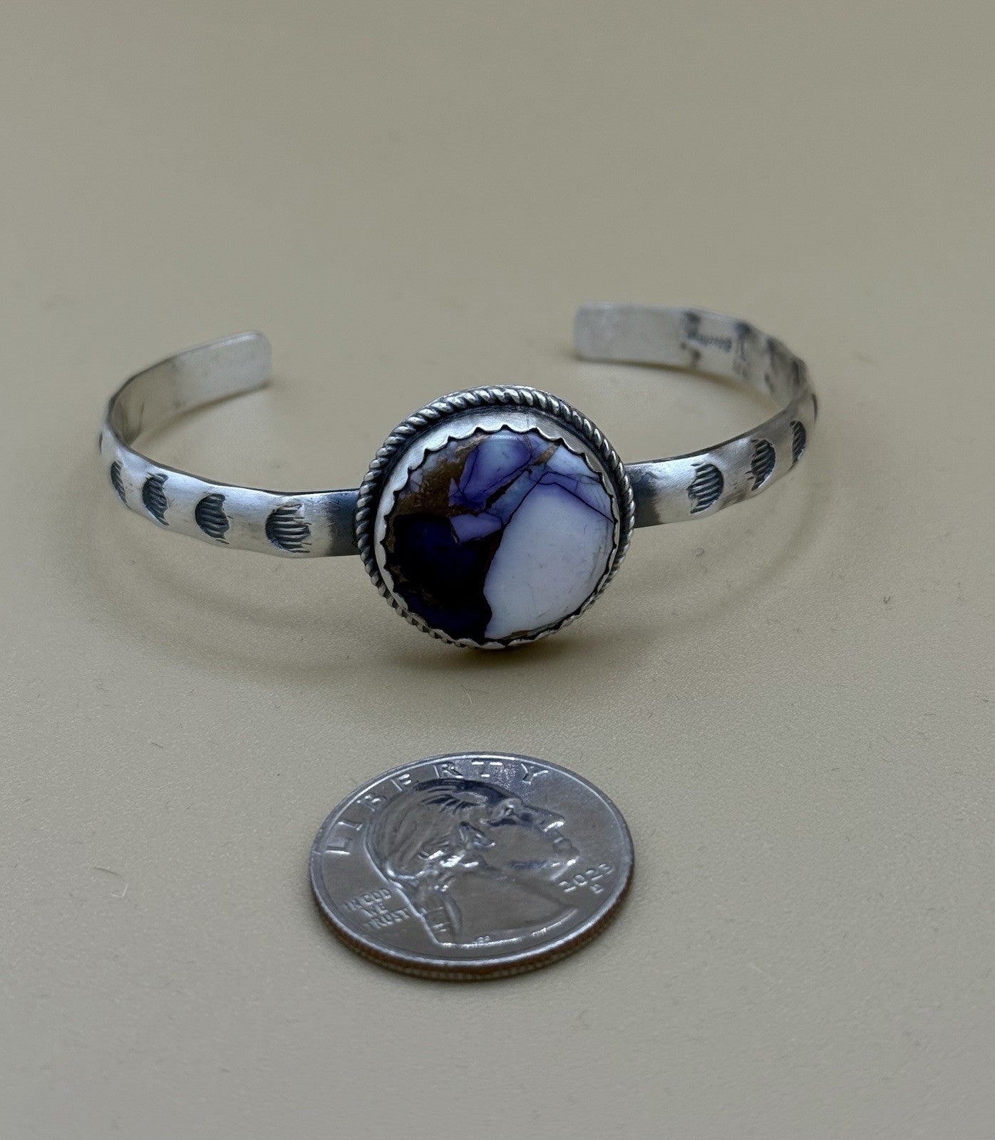 Navajo Handmade Sterling Silver Violet Rose Dahlia Stamped Stacker Cuff Bracelet