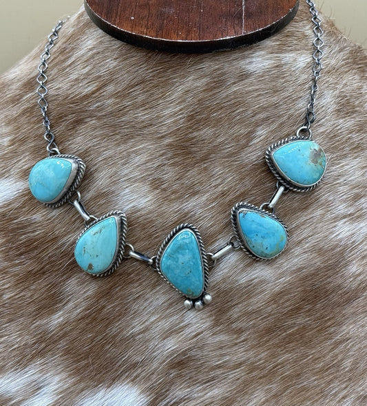 Native Navajo Handmade Sterling Silver Kingman Turquoise Choker Necklace 15”