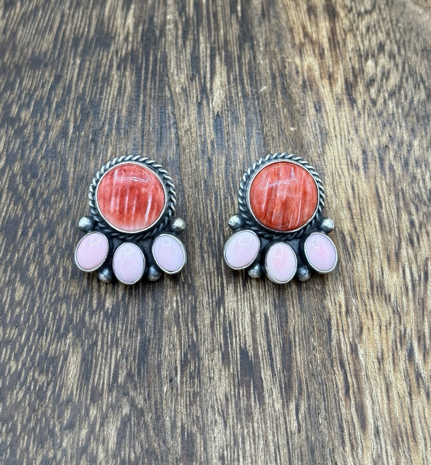 Navajo Handmade Sterling Silver Multi Color Spiny Pink Shell Cluster Earrings