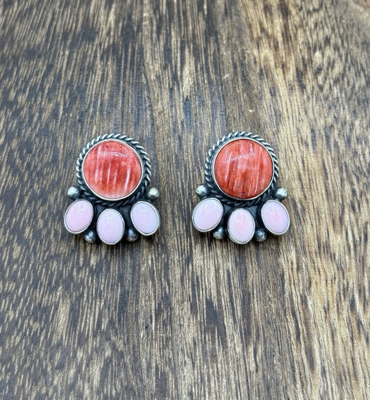 Navajo Handmade Sterling Silver Multi Color Spiny Pink Shell Cluster Earrings