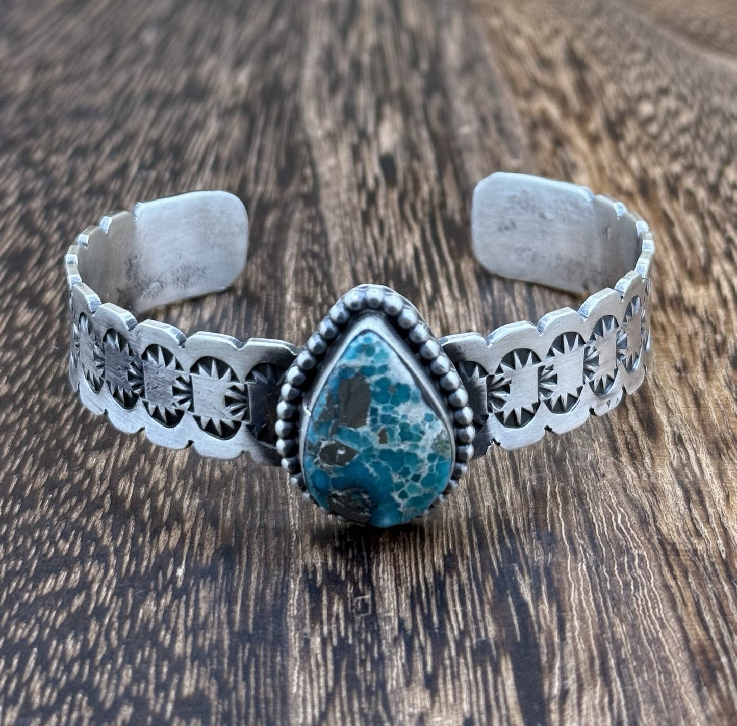 Navajo Handmade Sterling Silver Blue Bird Turquoise Stacker Cuff Bracelet