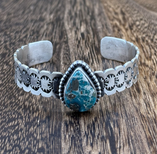 Navajo Handmade Sterling Silver Blue Bird Turquoise Stacker Cuff Bracelet