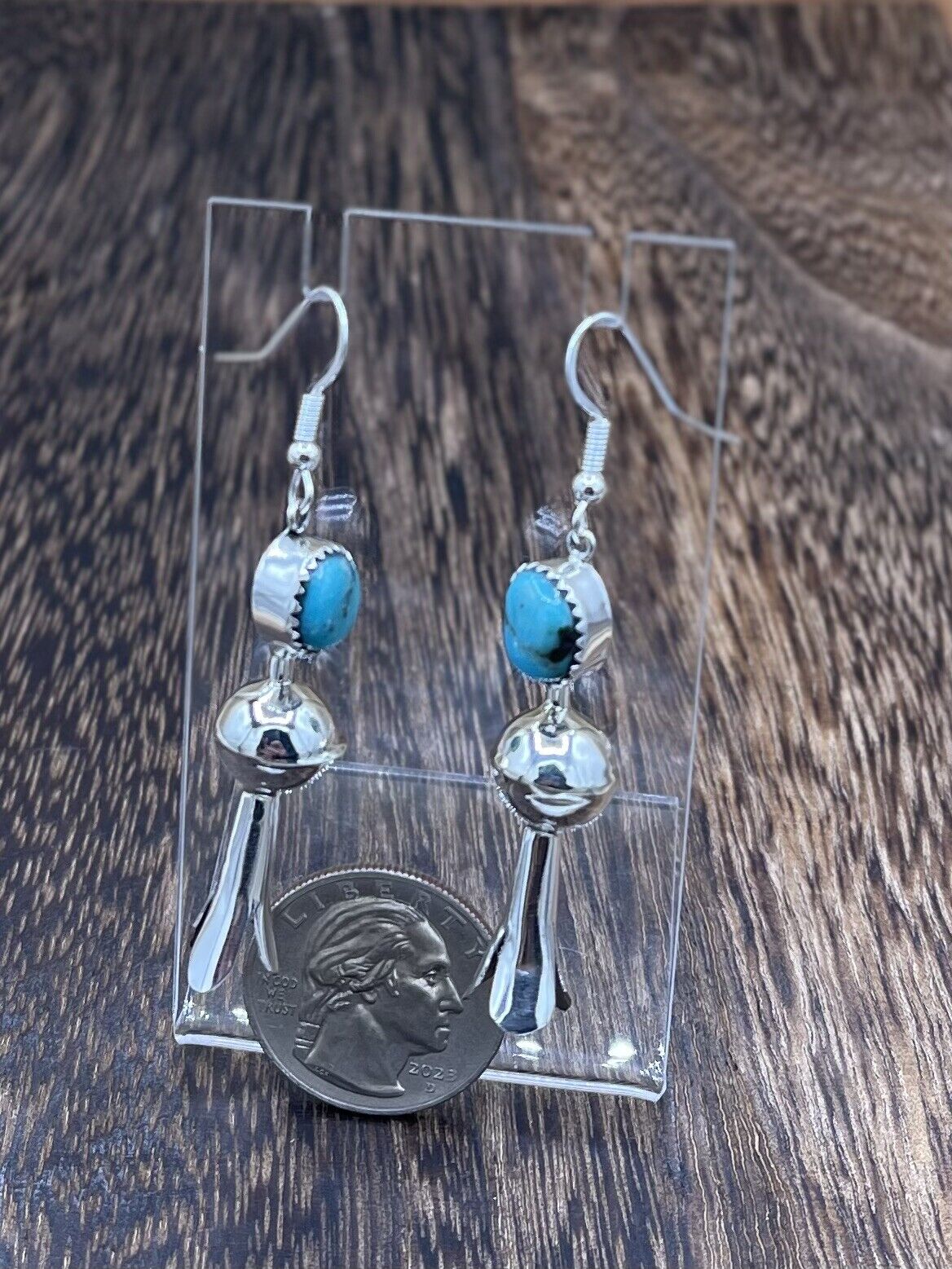 Native American Silver Navajo Handmade Turquoise Dangle Blossom Earrings shiny