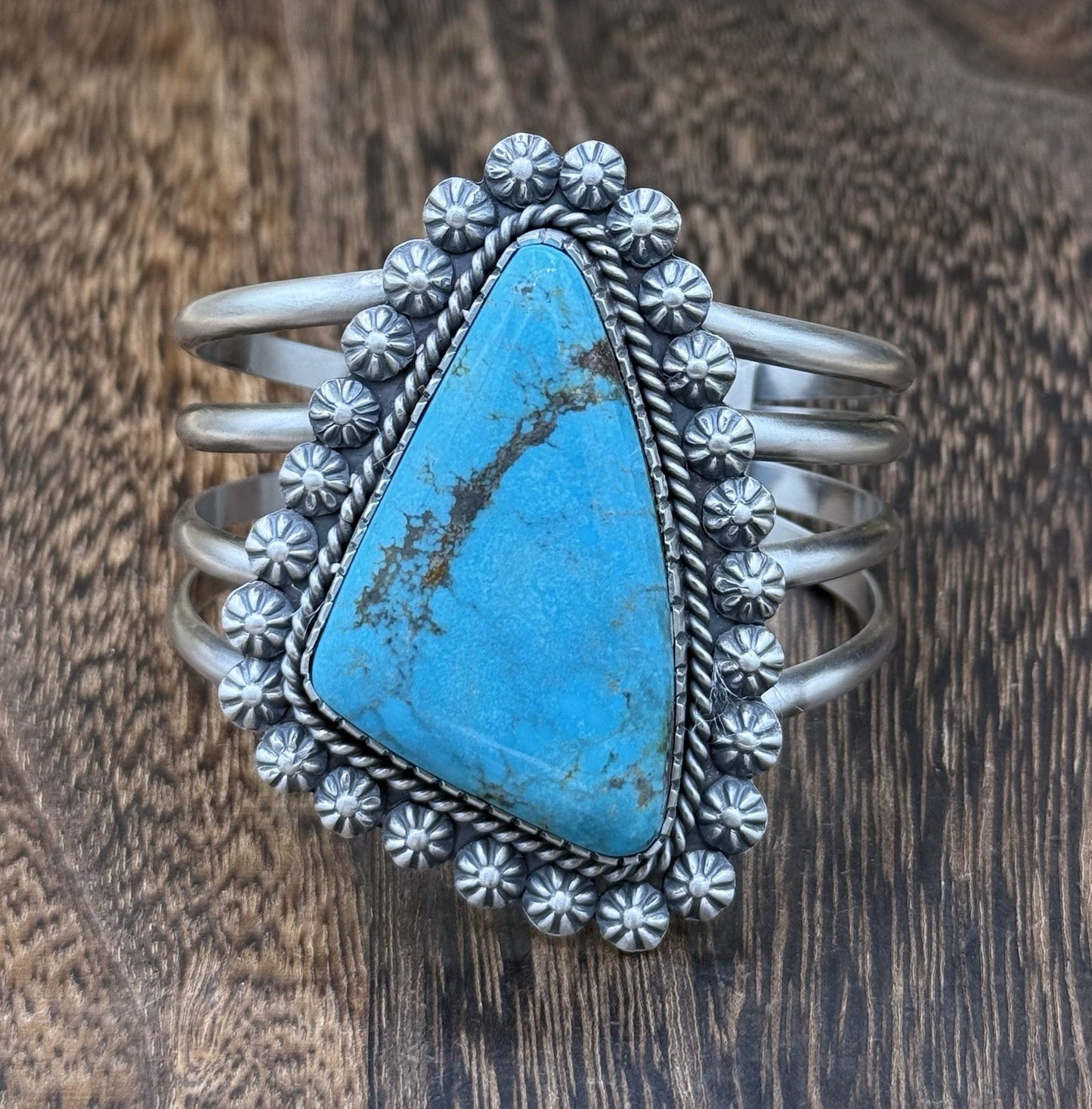Native Navajo Handmade Sterling Silver Kingman Turquoise Old Look Cuff Bracelet
