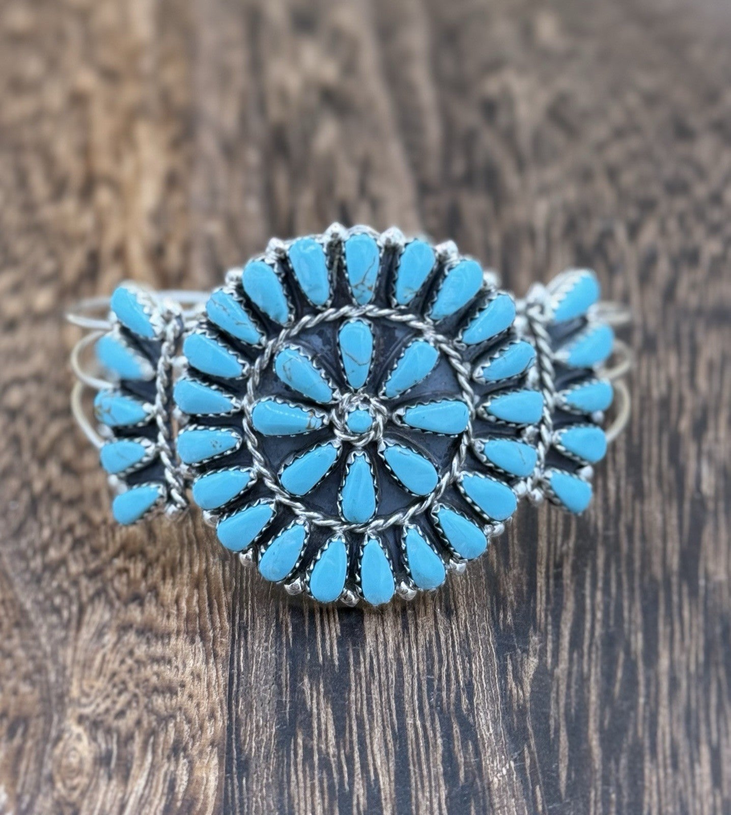 Native American Navajo Handmade Sterling Silver Turquoise Cluster Cuff Bracelet