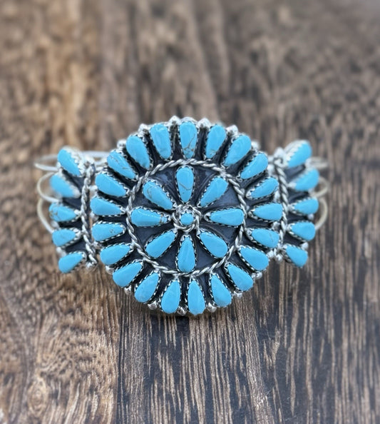 Native American Navajo Handmade Sterling Silver Turquoise Cluster Cuff Bracelet