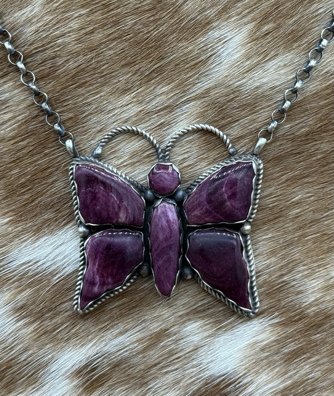 Navajo Handmade Sterling Silver Purple Spiny Oyster Butterfly Bar Necklace 18”