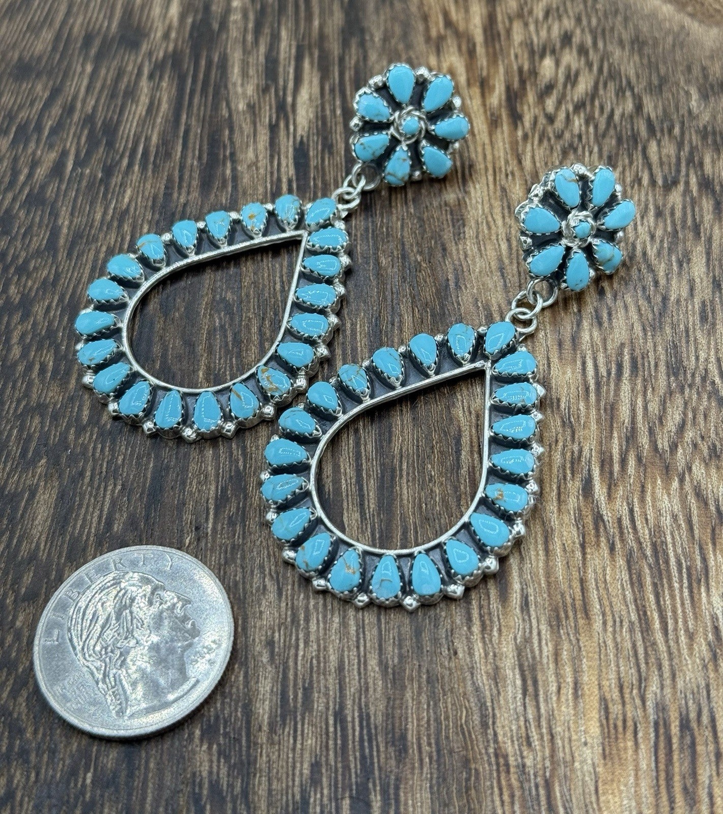 Navajo Handmade Sterling Silver Turquoise Cluster Post Drop earrings Large