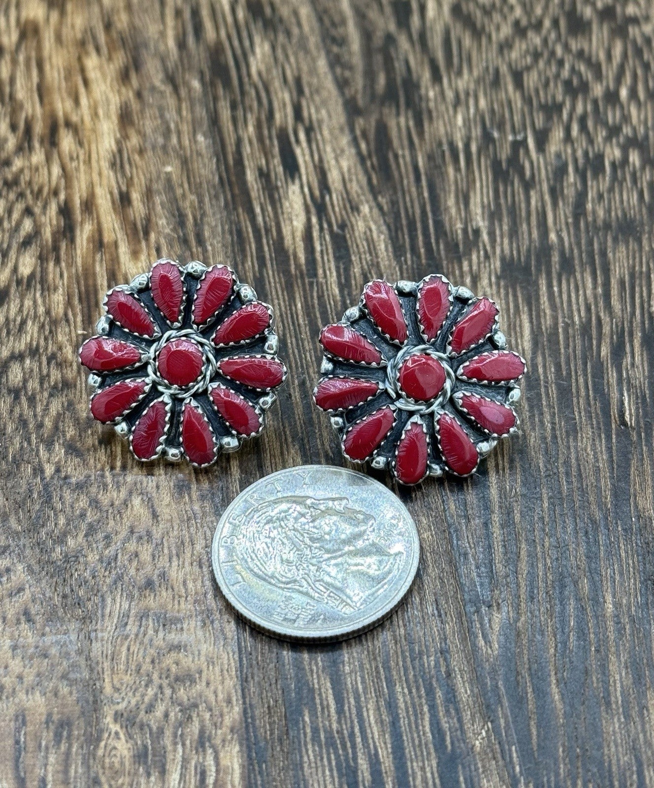 Native American Navajo Handmade Sterling Silver Red Coral Cluster Stud Earrings