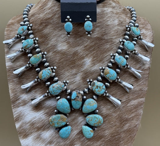 Navajo Handmade Sterling Silver Kingman Turquoise Squash Blossom Necklace 20”