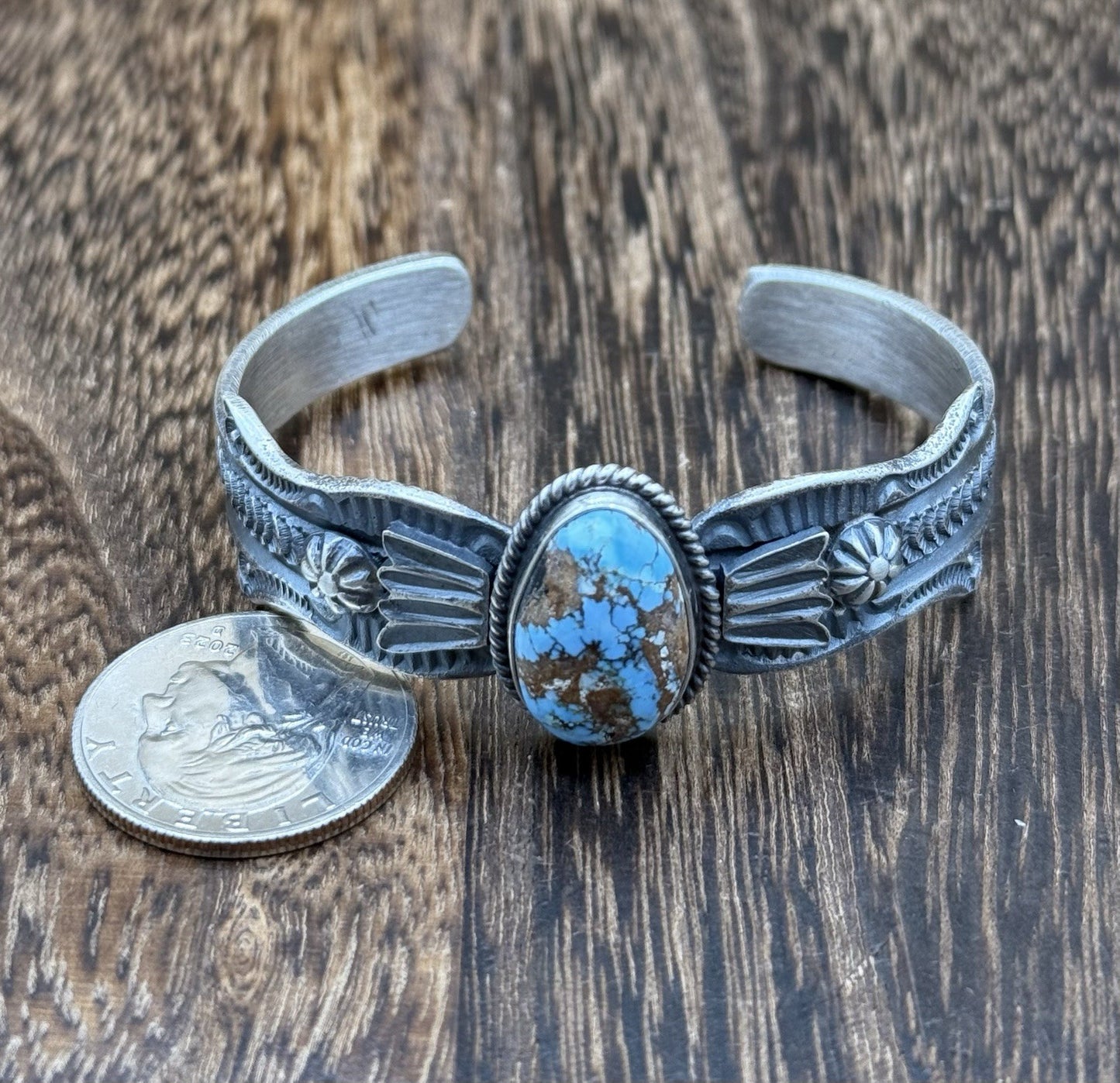 Navajo Handmade Sterling Silver Golden Hills Turquoise Old look Cast Bracelet