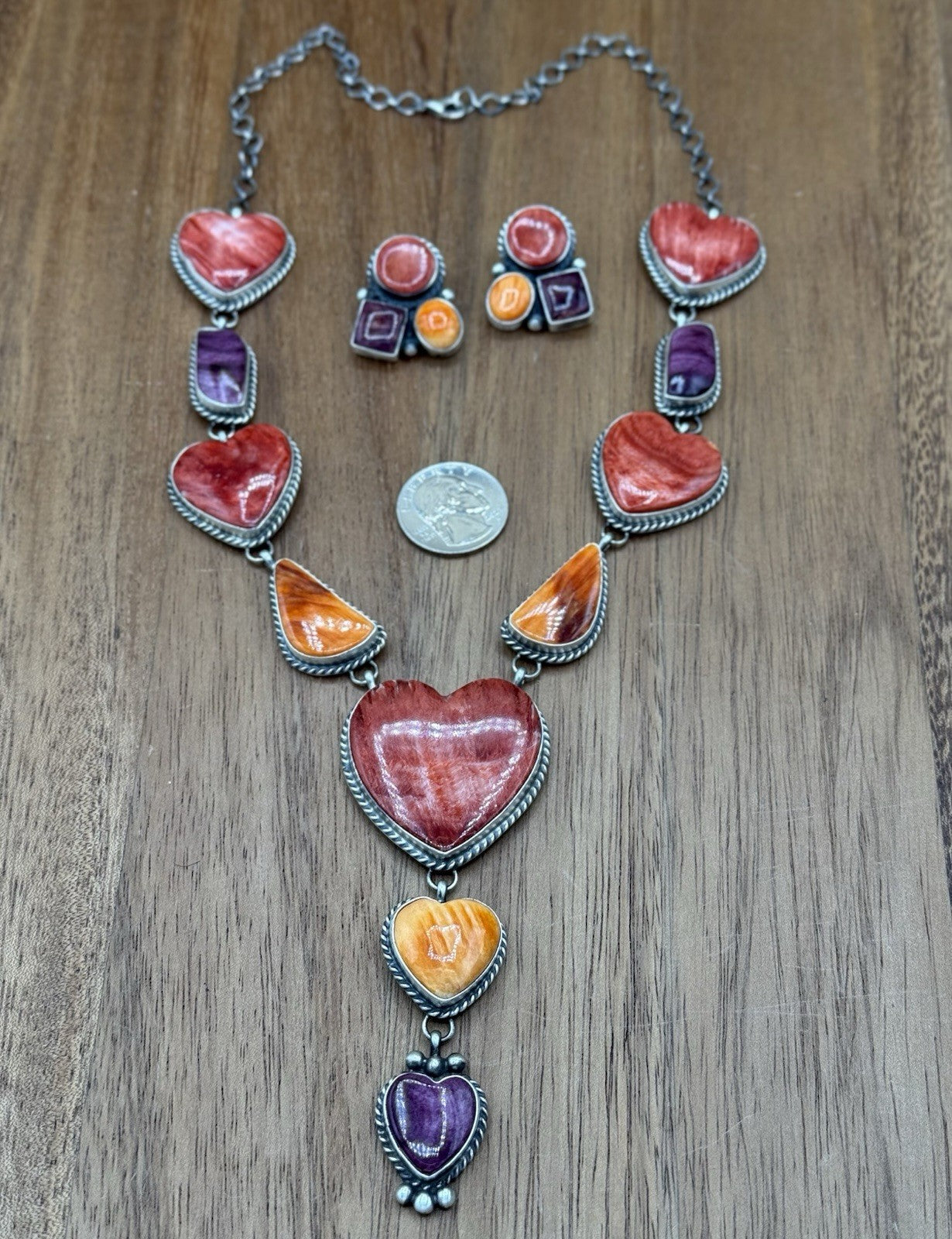 Navajo Handmade Sterling Silver Multi Spiny Oyster Shell Cluster Lariat Necklace