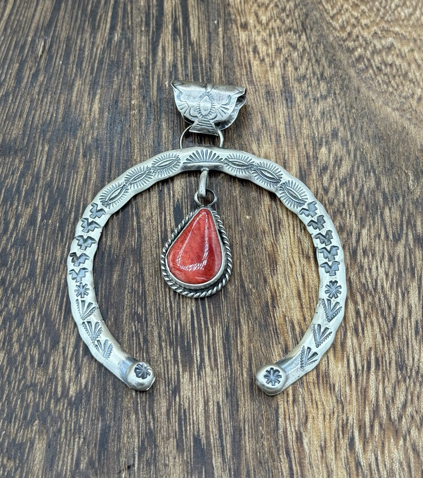 Navajo Handmade Sterling Silver Stamped Red Spiny Oyster Shell Naja Pendant