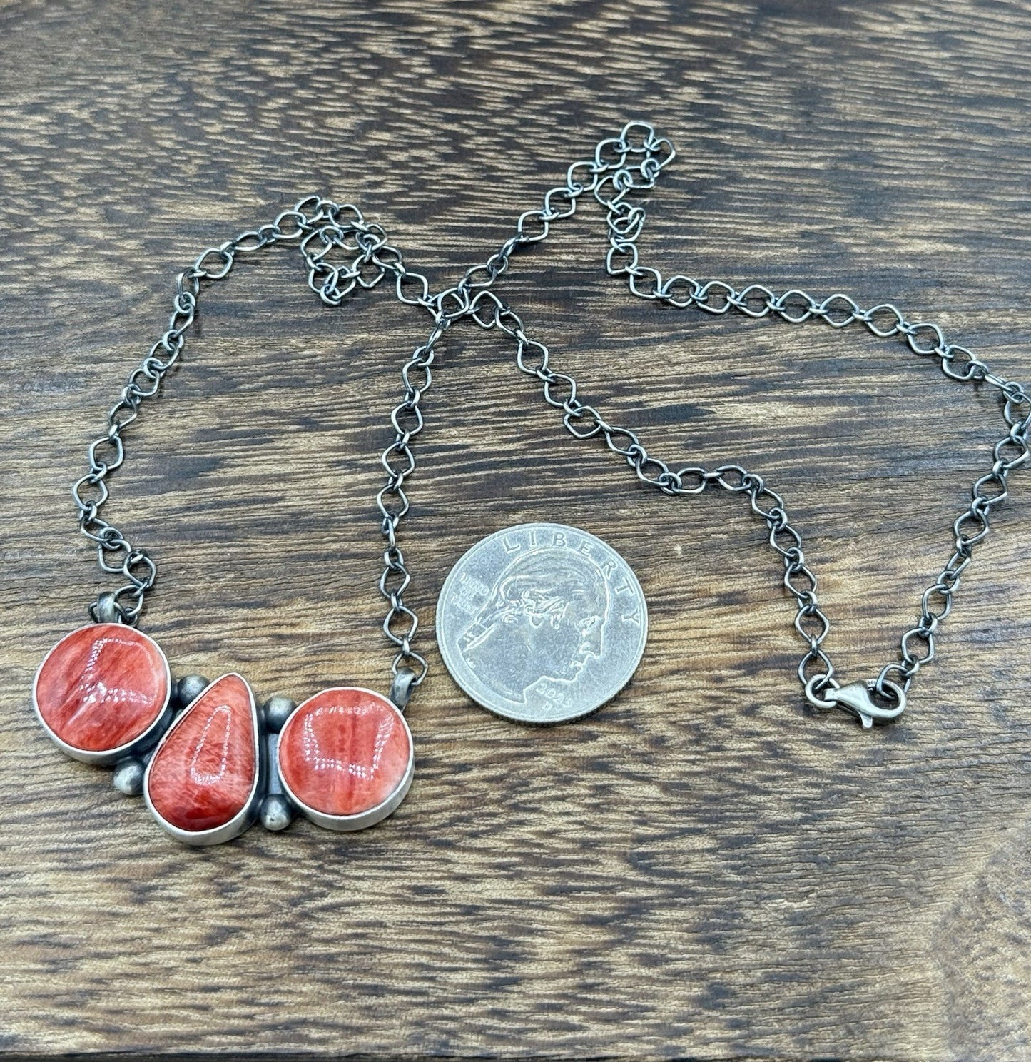 Navajo Handmade Sterling Silver Red Spiny Oyster Shell Cluster Bar Necklace 18”