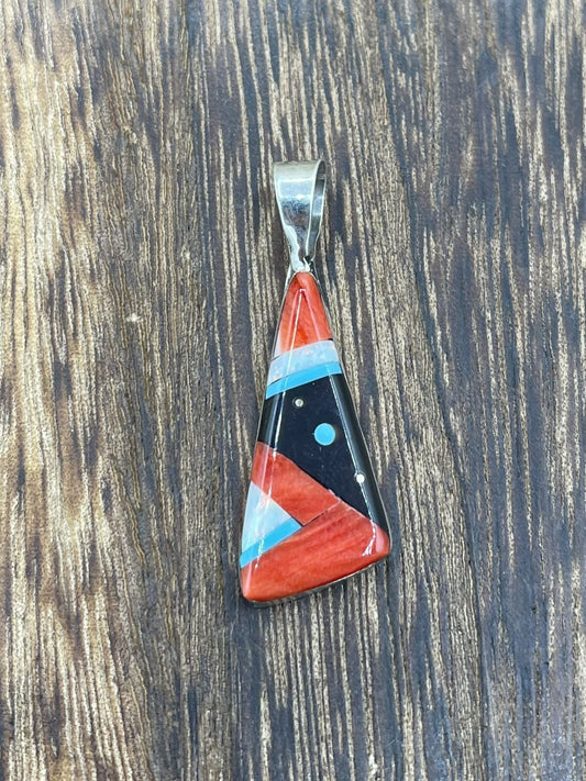 Native American Navajo Handmade Sterling Silver Multi Stone Inlay Pendant