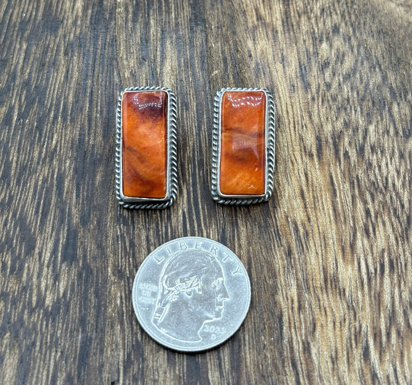 Navajo Handmade Sterling Silver Orange Spiny Oyster Shell Post Stud Earrings