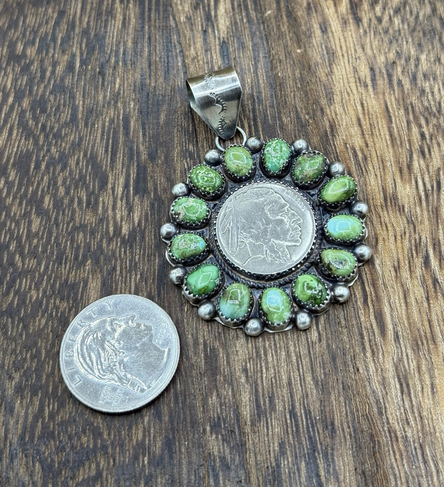 Navajo Handmade Sterling Silver Sonoran Turquoise Cluster Buffalo Coin Pendant