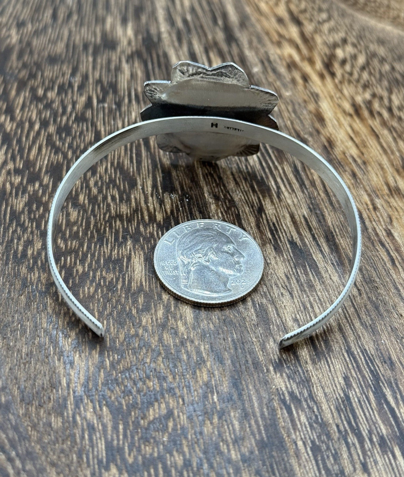 Native Navajo Handmade Sterling Silver Kingman Turquoise Cuff Stamped Bracelet