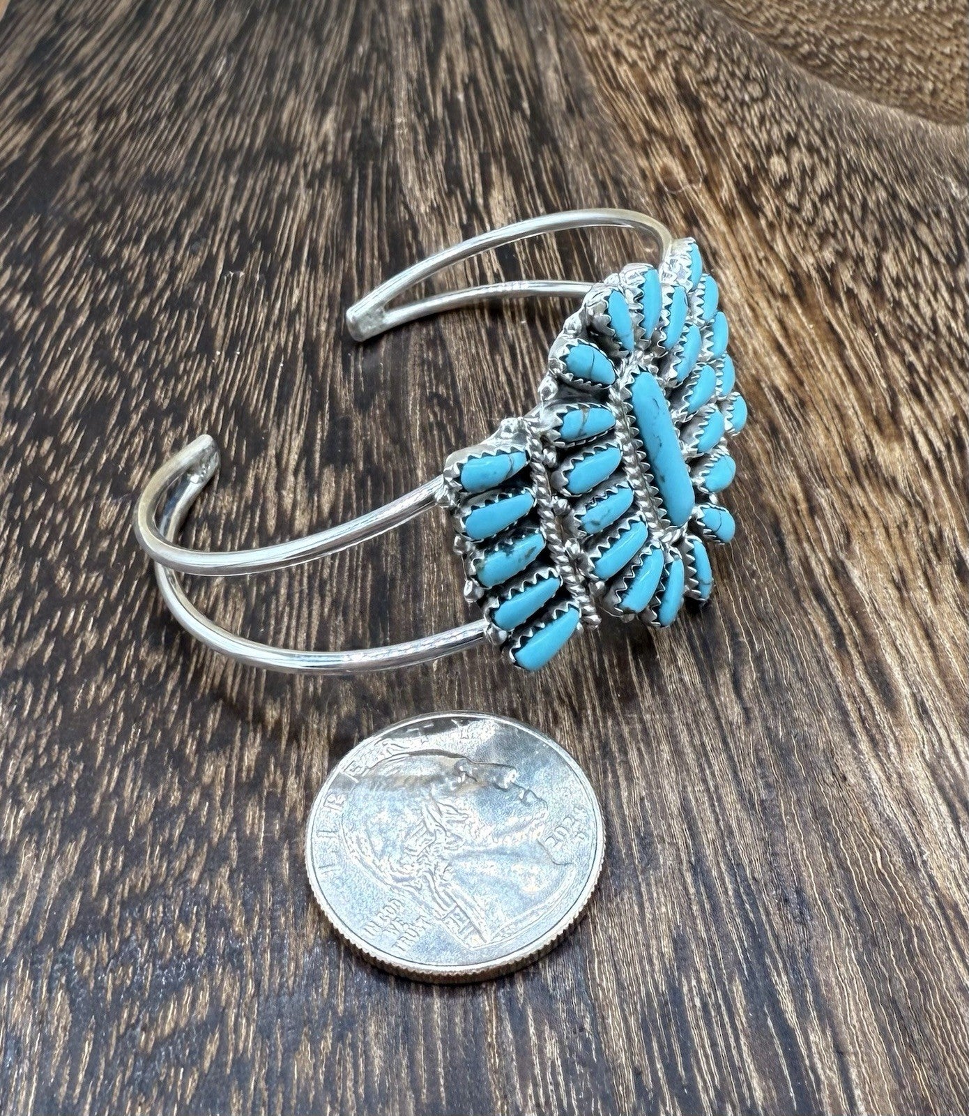 Navajo Handmade Sterling Silver Turquoise Traditional Cluster Cuff Bracelet
