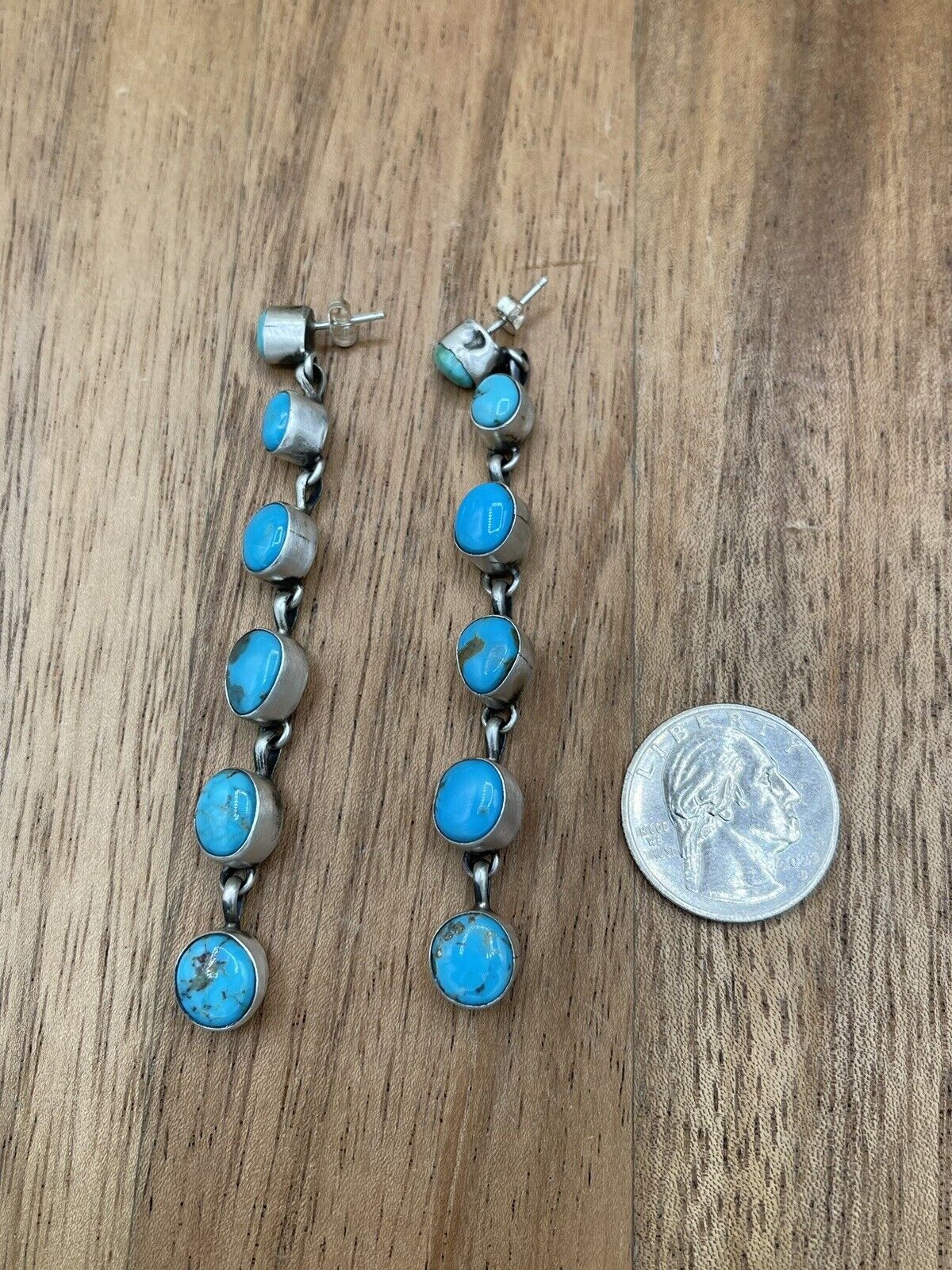 Native American Sterling Silver Navajo Handmade Turquoise Post Dangle Earrings