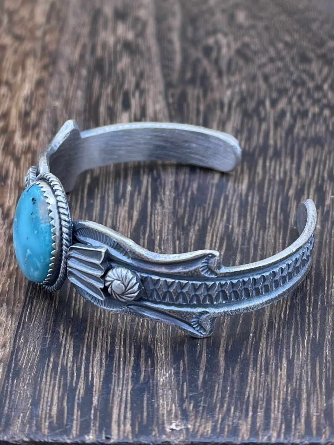 Native American Navajo Handmade Silver Kingman Turquoise Old look Bracelet