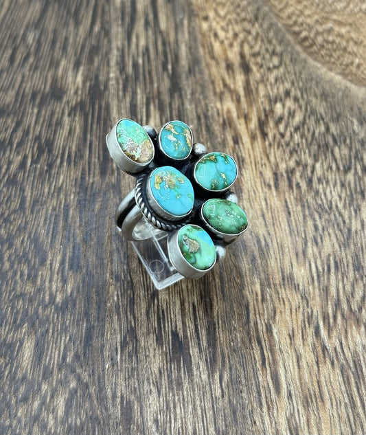Navajo Handmade Sterling Silver Sonoran Gold Turquoise Half Cluster Ring Size 8