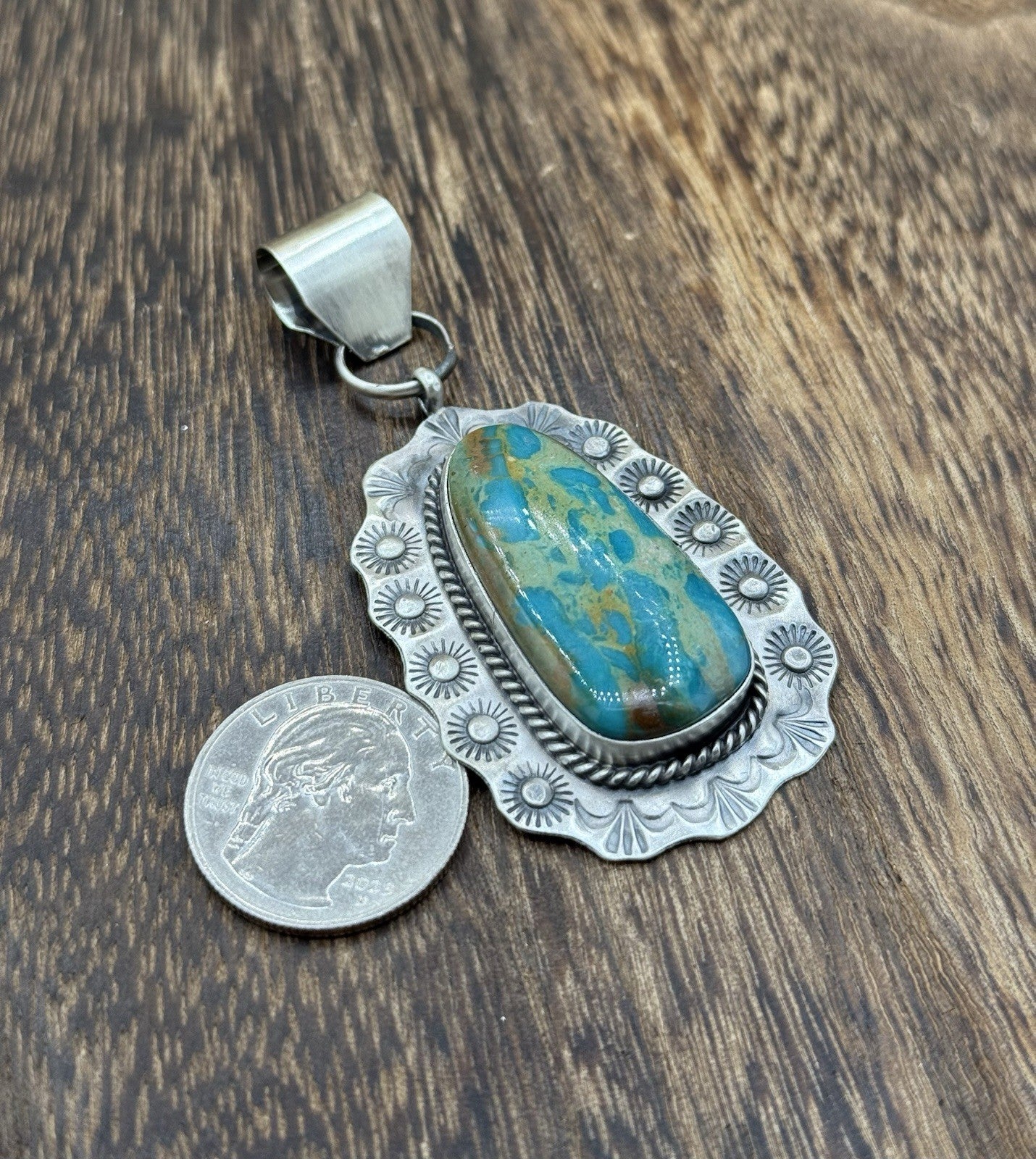 Navajo Handmade Sterling Silver Royston Turquoise Stamped Design Drop Pendant