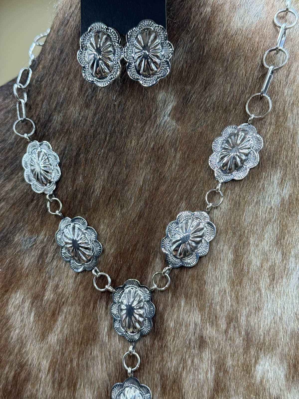 Navajo Handmade Sterling Silver Stamped Concho Shiny Lariat Necklace Set 24”