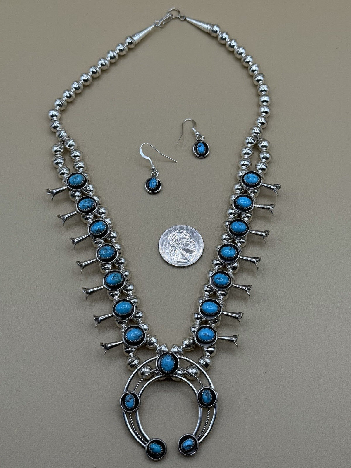 Native American Navajo Handmade Silver Kingman Turquoise Squash Blossom Set 18”