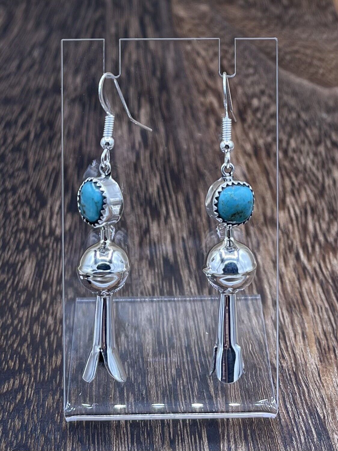 Native American Silver Navajo Handmade Turquoise Dangle Blossom Earrings shiny