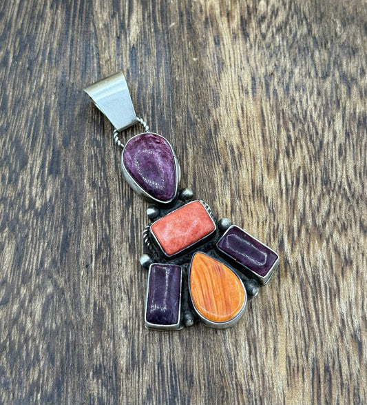 Native Navajo Handmade Sterling Silver Multi Spiny Oyster Shell Cluster Pendant