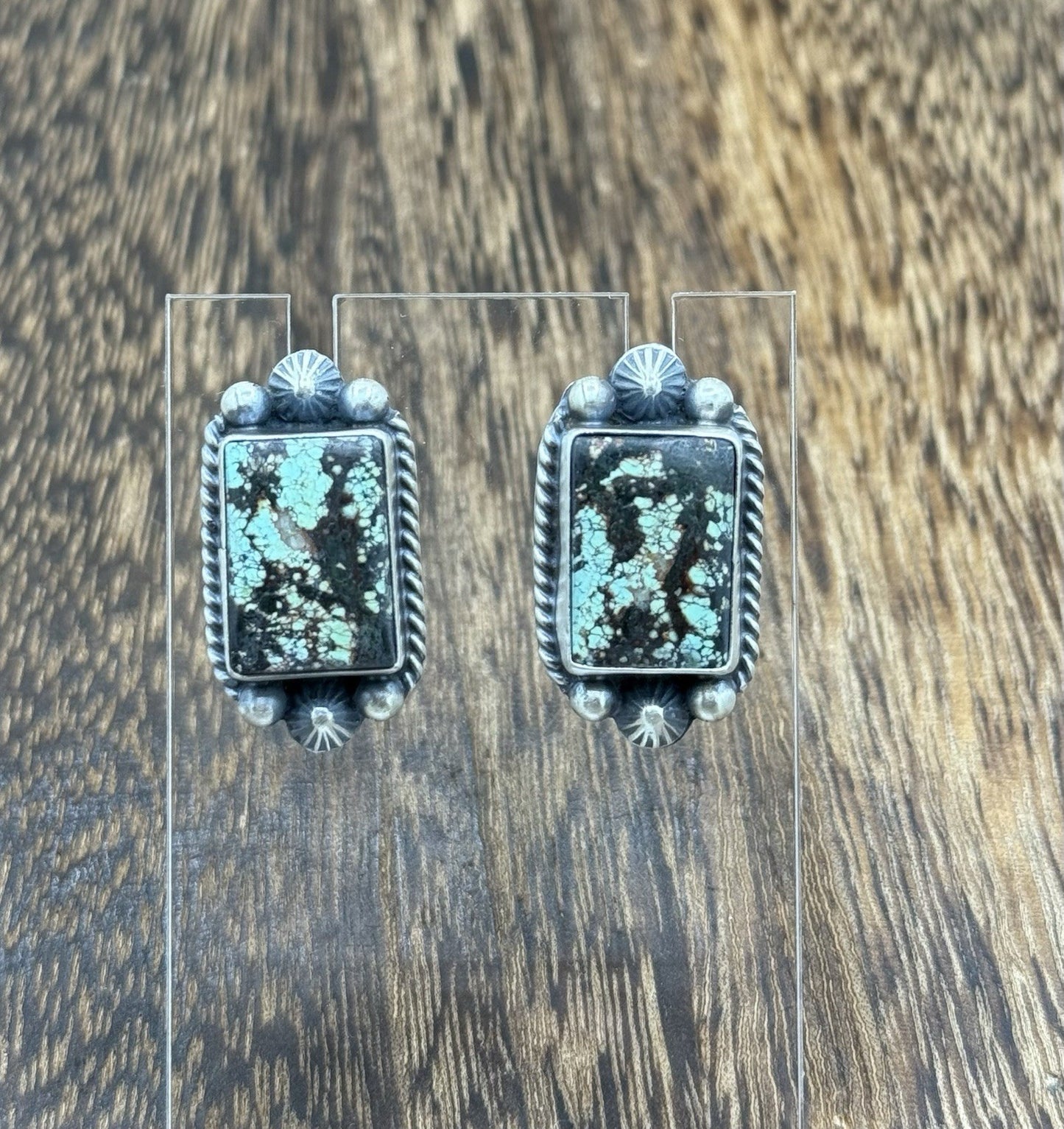 Navajo Handmade Sterling Silver Blackjack Turquoise Old Look Post Stud Earrings