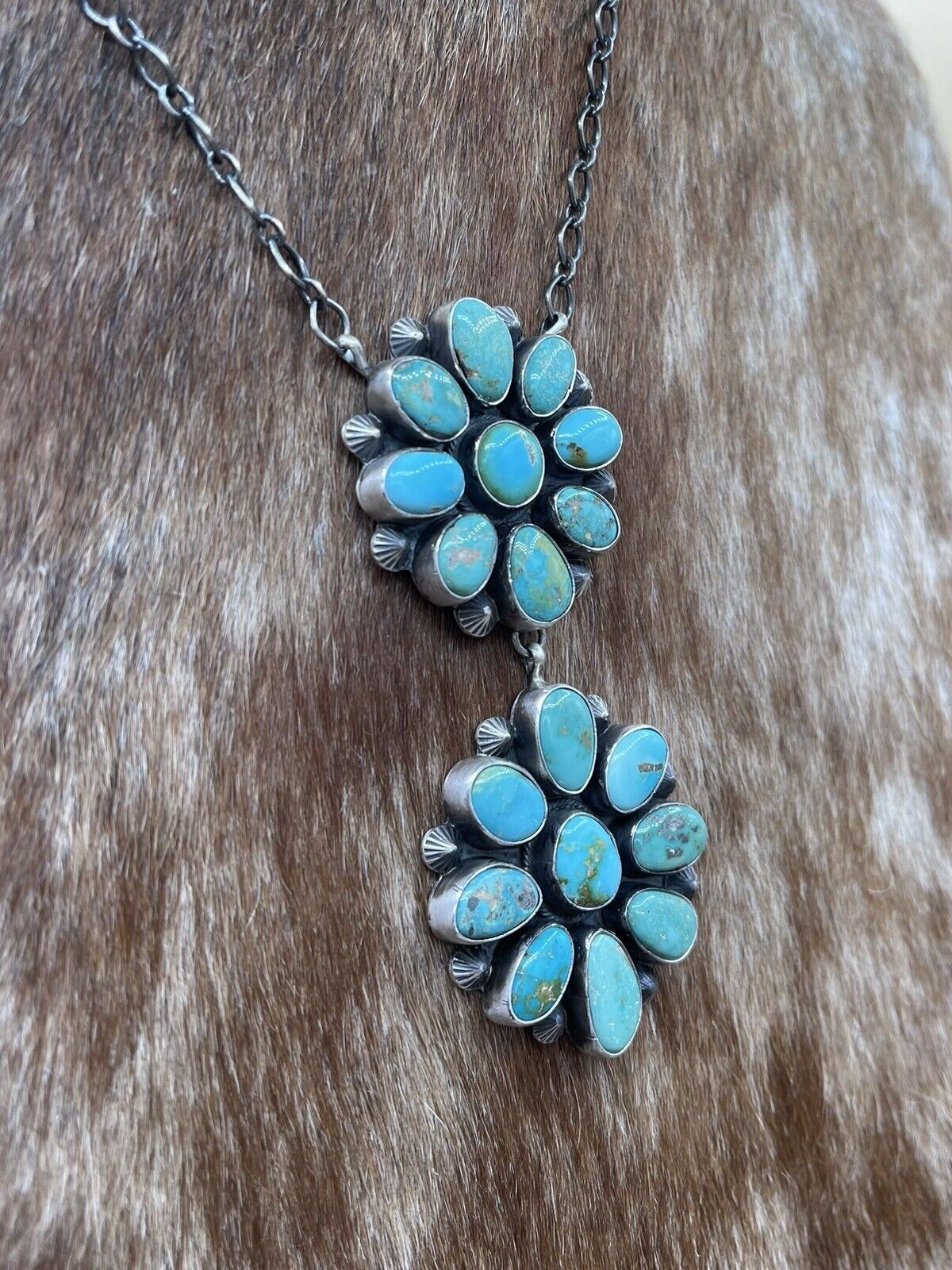 Native American Navajo Handmade Silver Kingman Turquoise Double Cluster Necklace