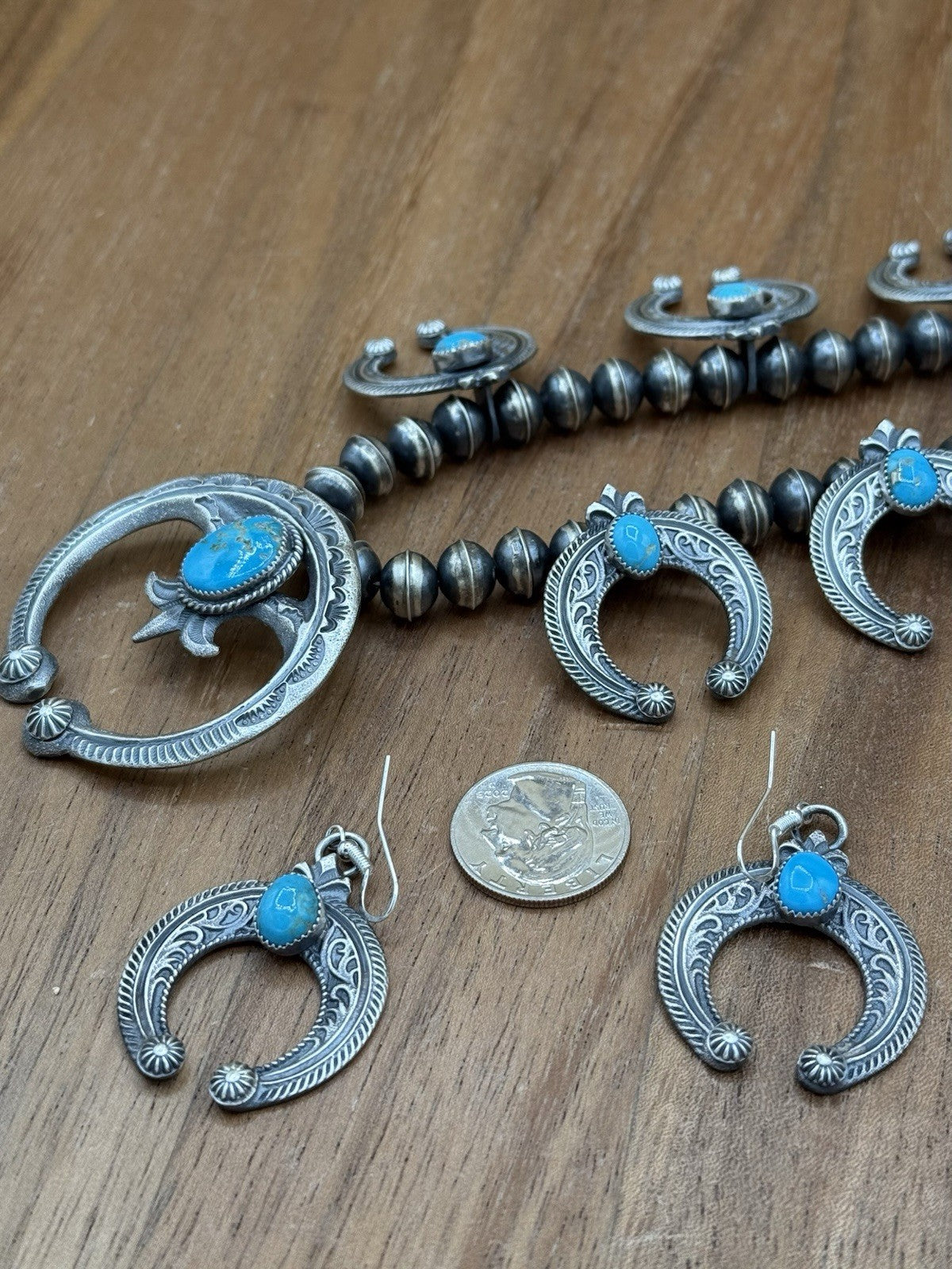 Navajo Handmade Sterling Silver Kingman Turquoise Squash Blossom Set By Kevin B.