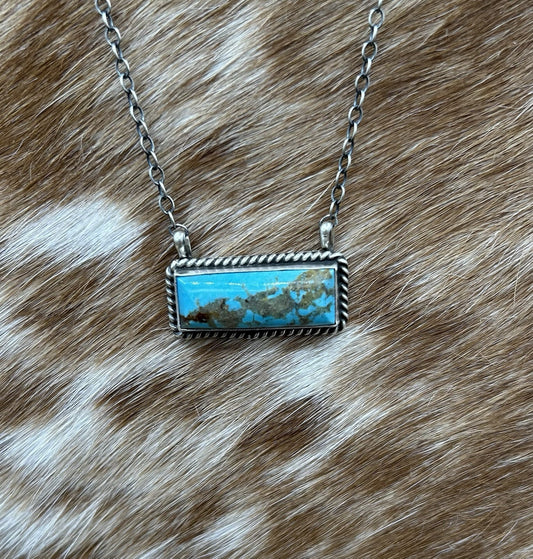 Navajo Handmade Sterling Silver Kingman Turquoise Bar Necklace 16”