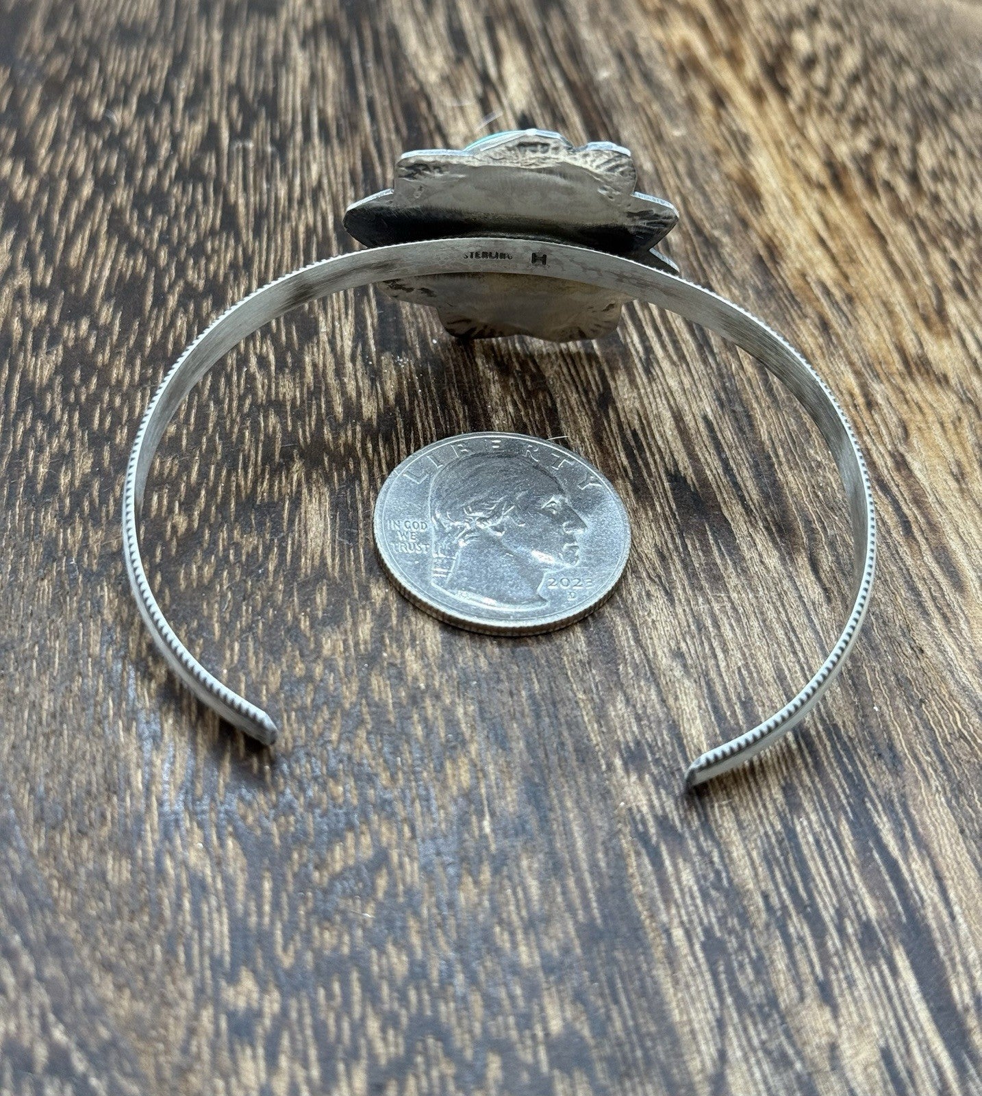 Native Navajo Handmade Sterling Silver Kingman Turquoise Cuff Stamped Bracelet