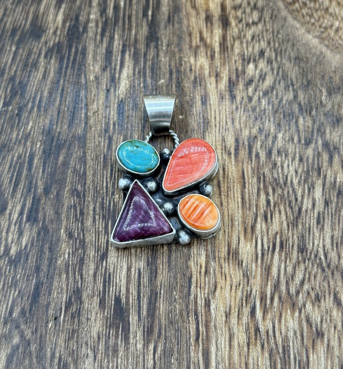 Navajo Handmade Sterling Silver Multi Color Turquoise Spiny Cluster Pendant