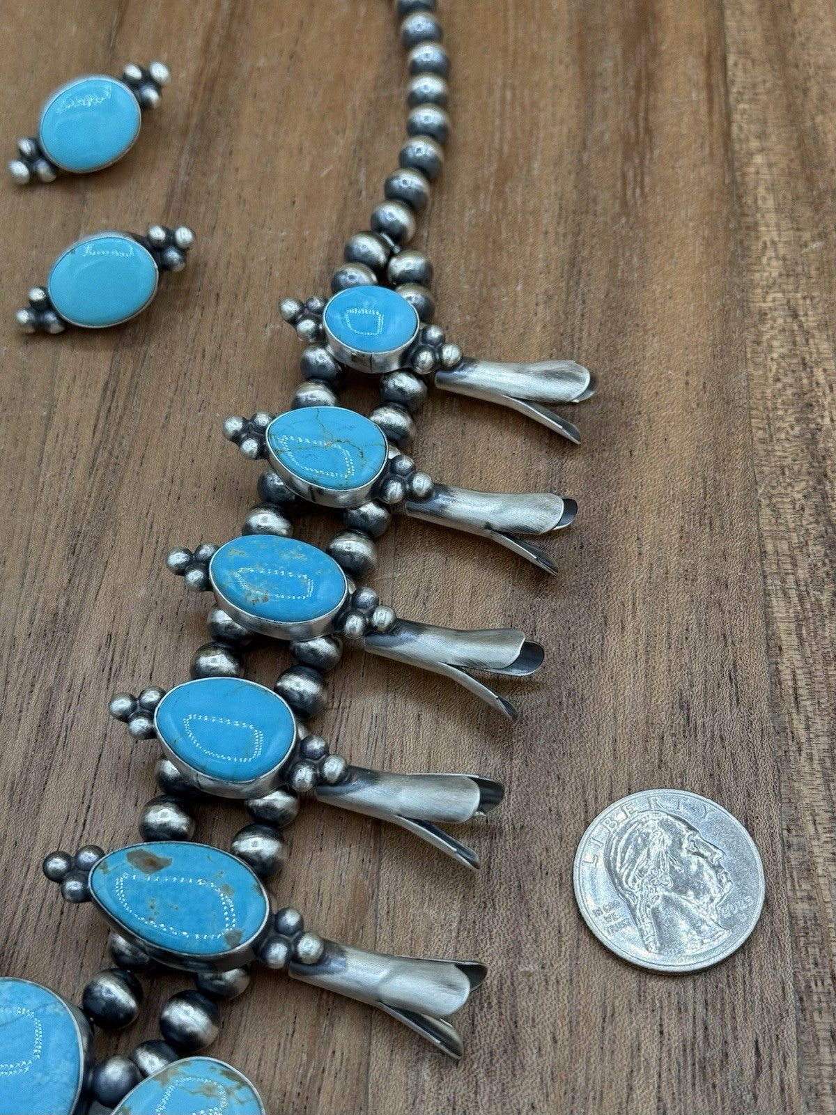 Navajo Handmade Sterling Silver Kingman Turquoise Squash Blossom Necklace 20”