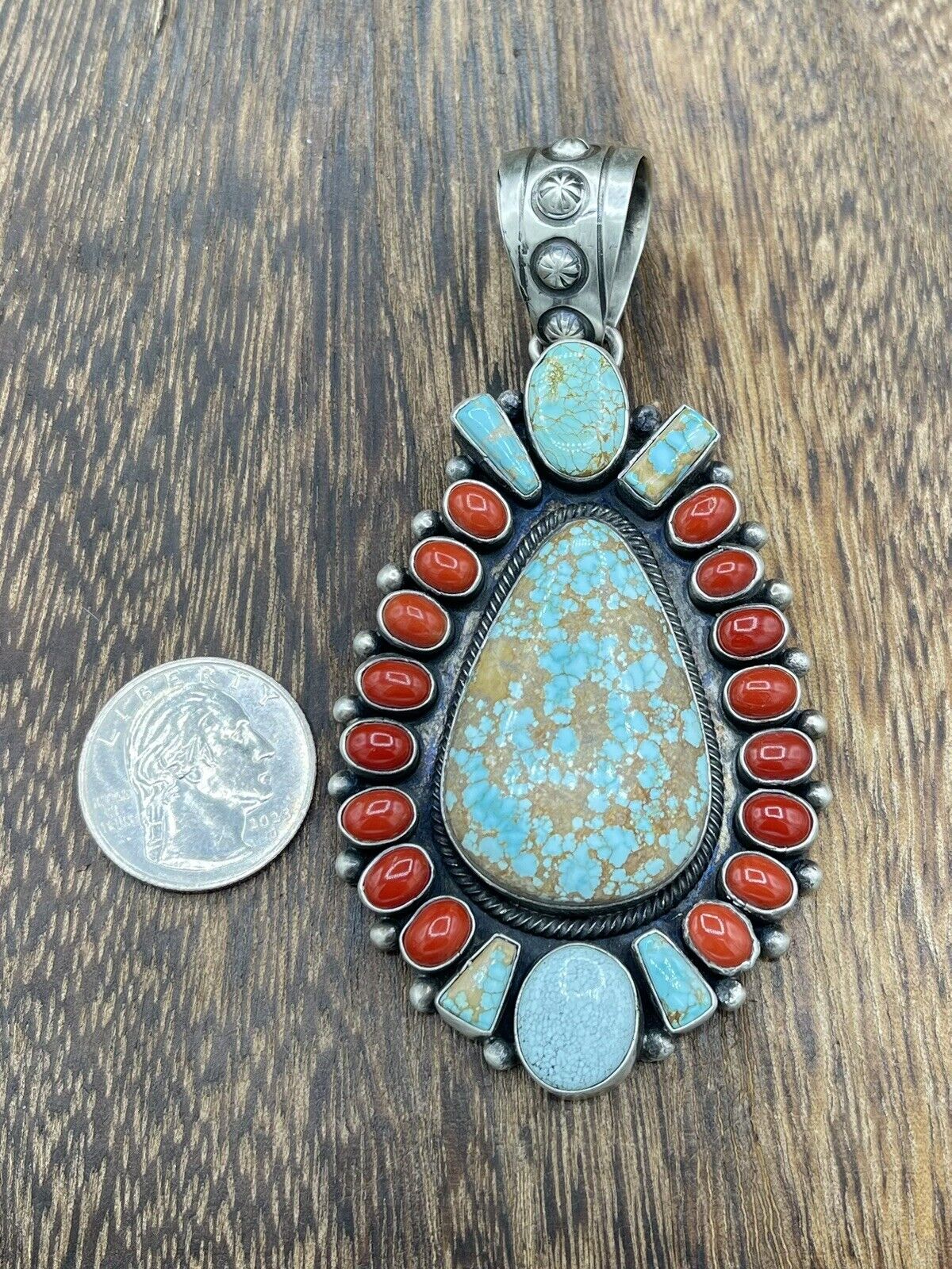 Native American Indian Navajo Handmade Silver Turquoise & Coral Cluster Pendant