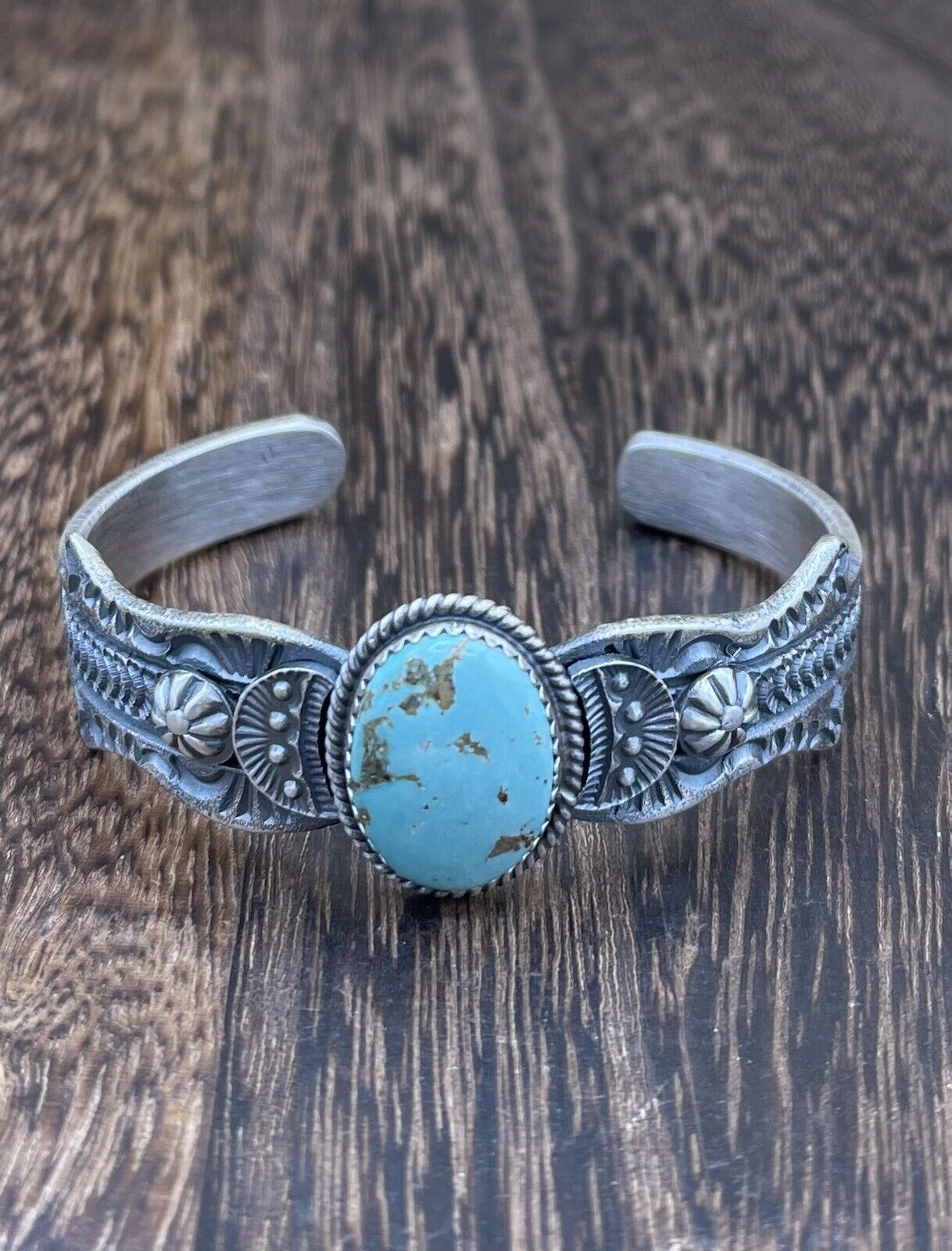 Native American Navajo Handmade Silver Kingman Turquoise Old look Bracelet