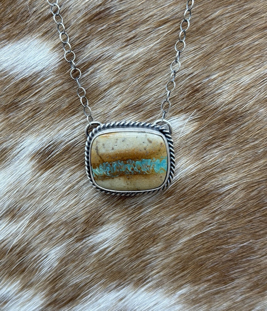 Native Navajo Handmade Sterling Silver Boulder Turquoise Bar Necklace 18”
