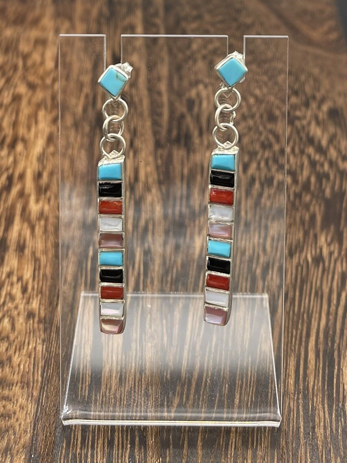 Native American Sterling Silver Zuni Handmade Multi Stone Post Dangle Earrings