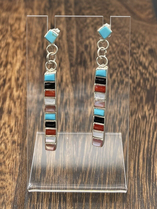 Native American Sterling Silver Zuni Handmade Multi Stone Post Dangle Earrings